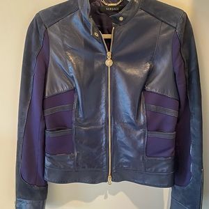 Vintage Versace Leather jacket deep purple/ Navy jacket with double zipper